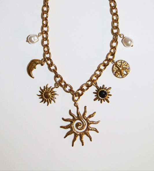 Stainless steel gold pleated necklace with charms
